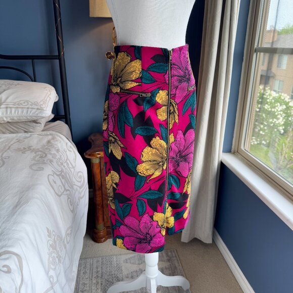 Vivid Fuschia With Yellow and Teal Tropical Floral Print Pencil Skirt - Picture 3 of 8